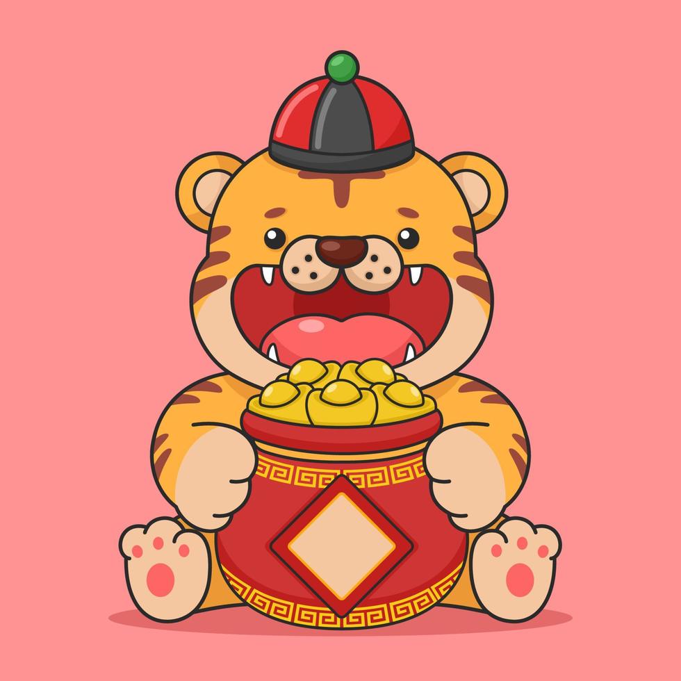 Cute Chinese New Year Tiger Holding Gold Money Pot vector