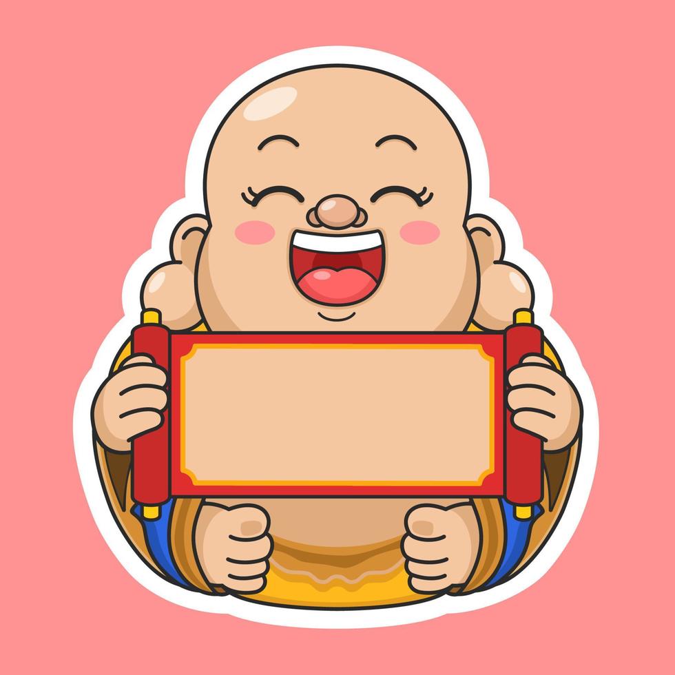 Cute Chinese New Year Fortune God Laughing Buddha Holding Scroll vector