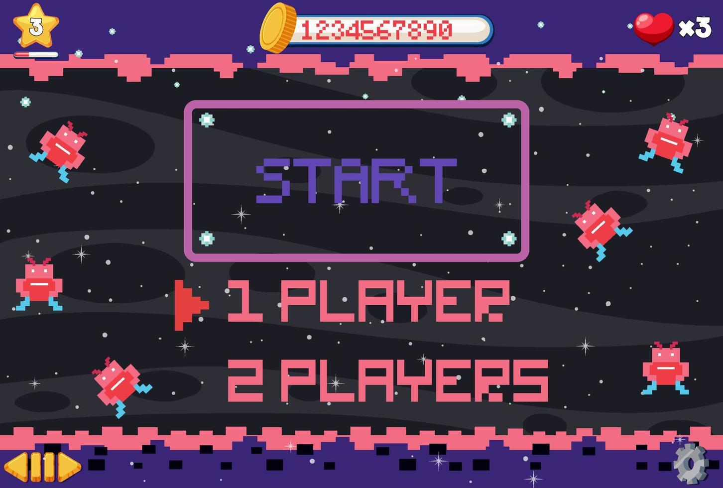 Pixel space game interface with start button vector