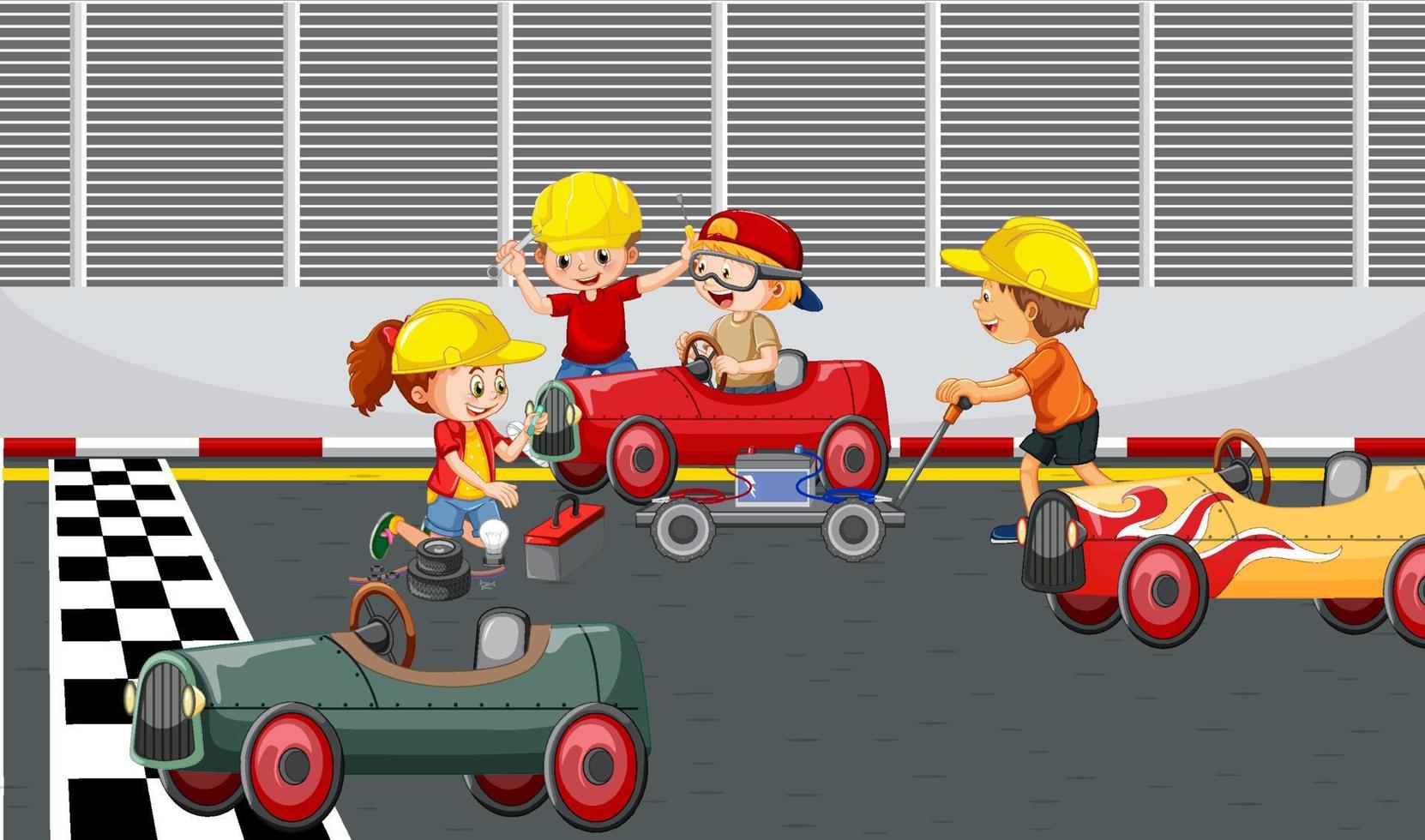 Escena de derby de jabonera con coche de carreras para niños. vector