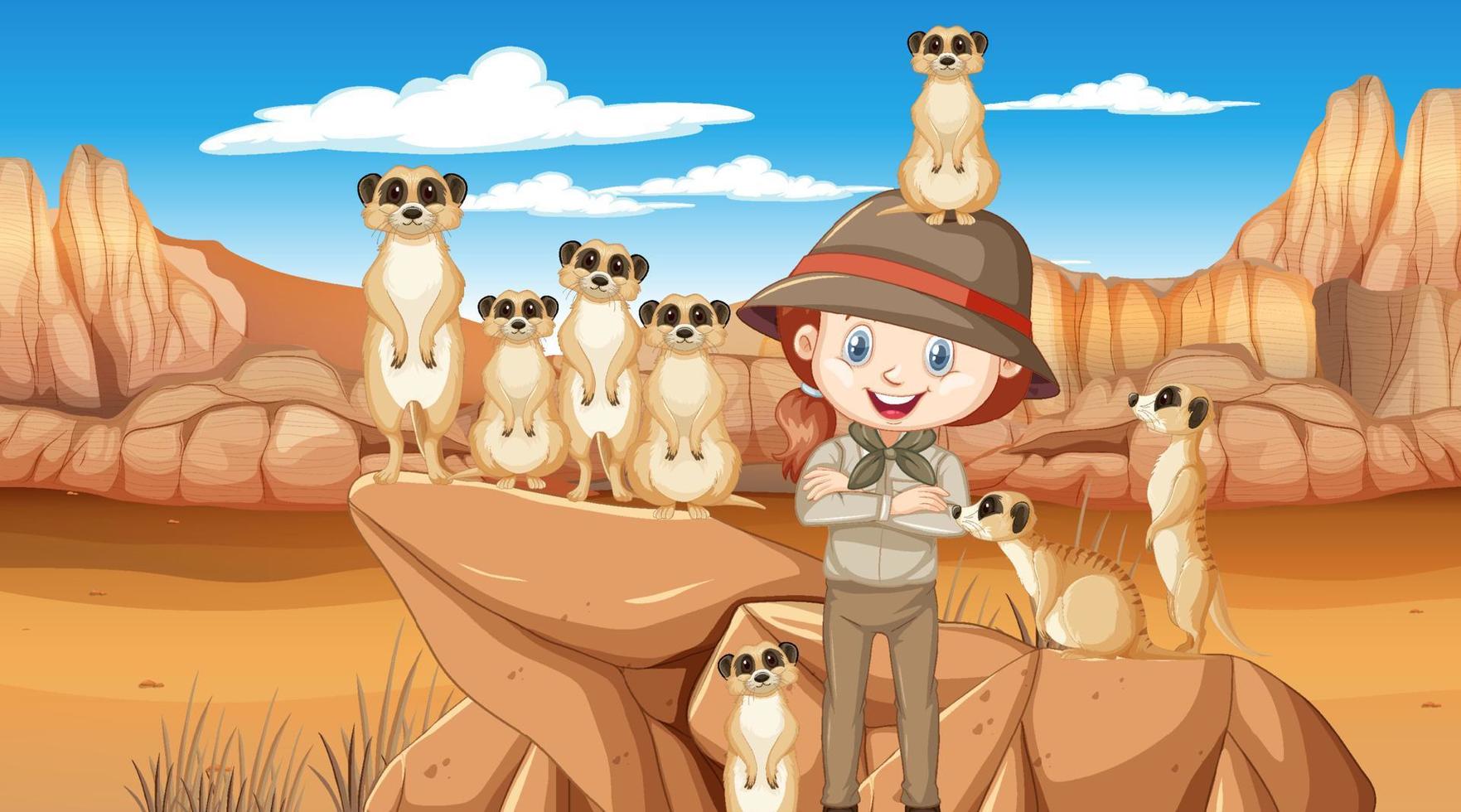 una niña exploradora con un grupo de suricatas en el bosque del desierto vector