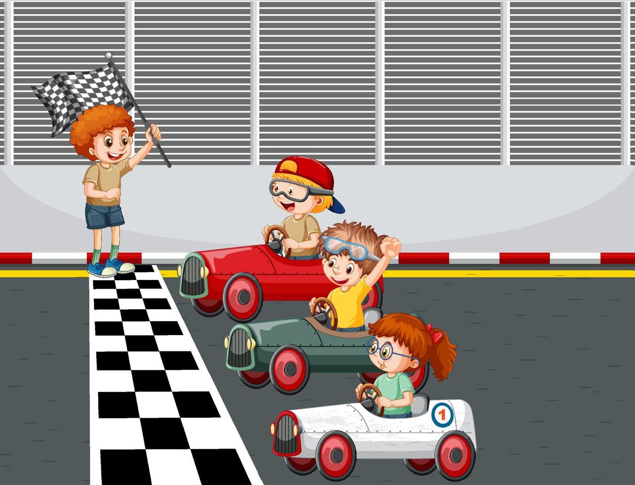 Escena de derby de jabonera con coche de carreras para niños. vector