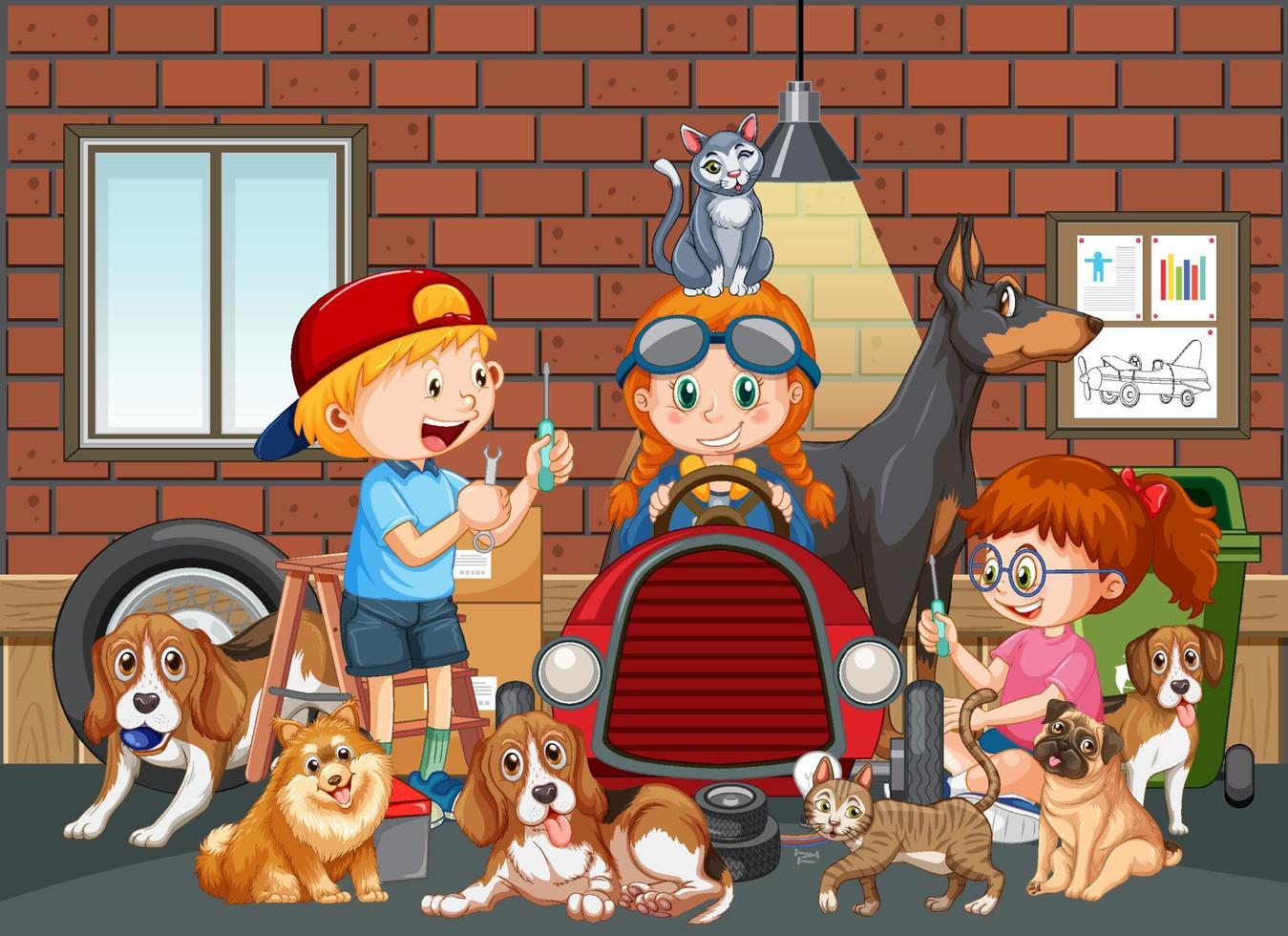 Garage scene with children and their animals vector