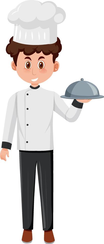 A chef holding food cartoon character on white background vector