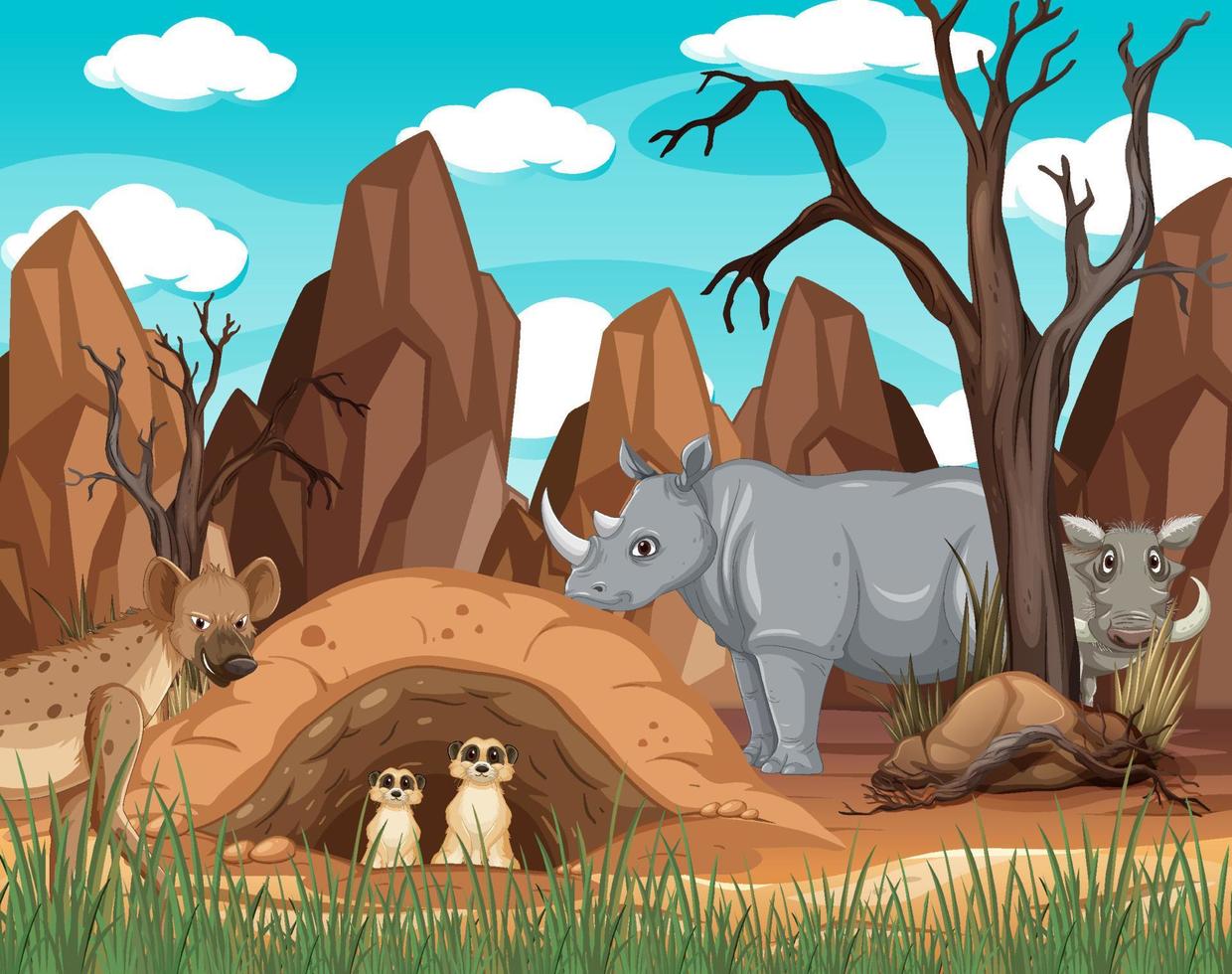 Wild animals in savanna forest scene vector