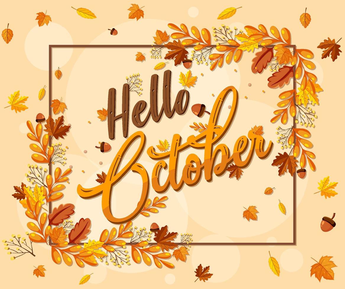 Hello October logo with ornamental autumn leaf vector