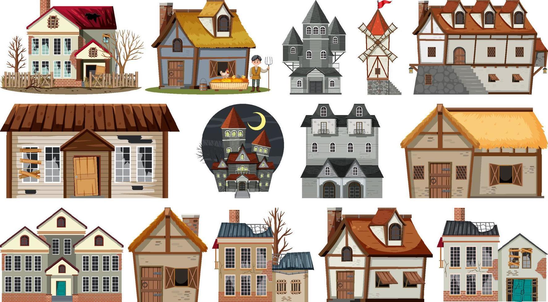 Set of abandoned houses and buildings vector