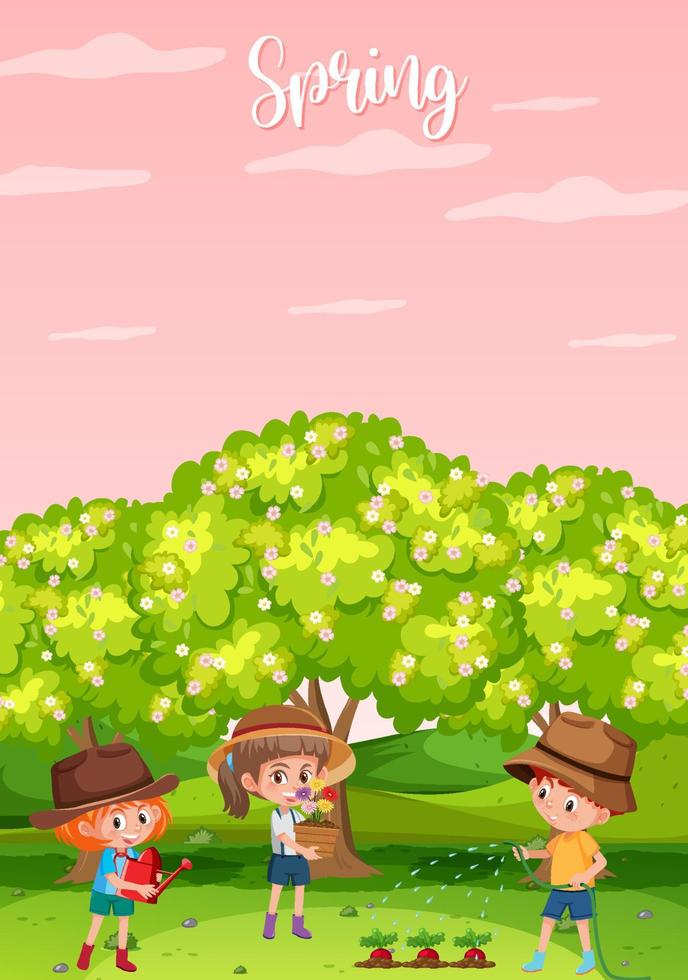 Spring season background with kids cartoon character vector