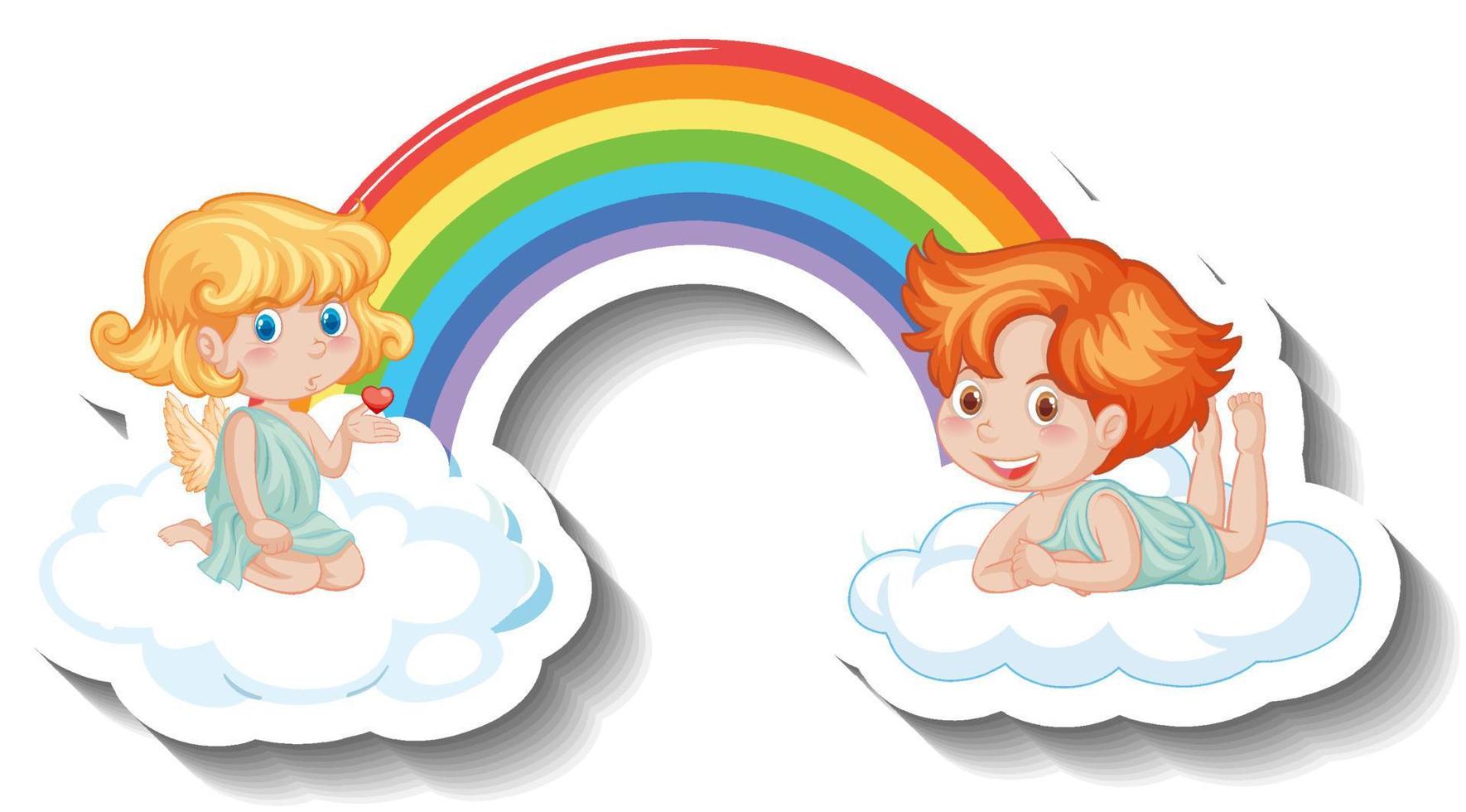 Two little cupids on rainbow in cartoon style vector