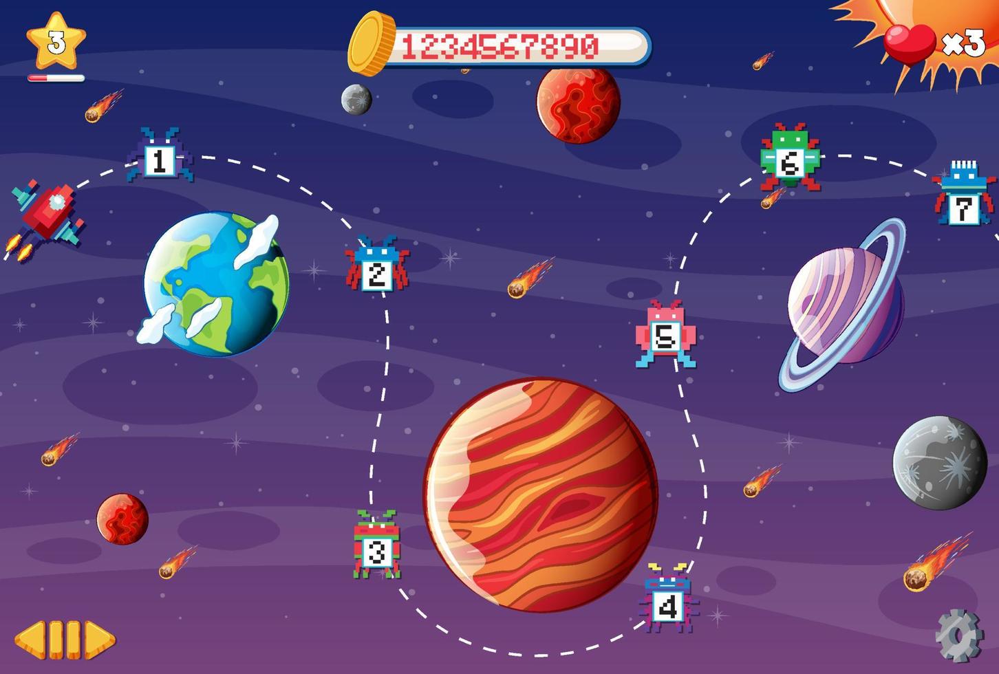 Pixel space game interface with planets vector