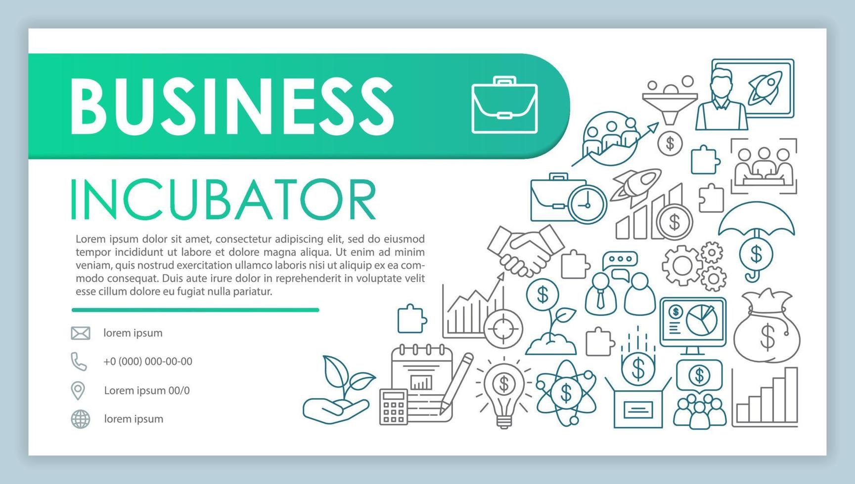 Business incubator banner, business card vector template. Project management. Company contact with phone, email line icons. Startup launch service. Presentation, web page idea. Corporate print layout