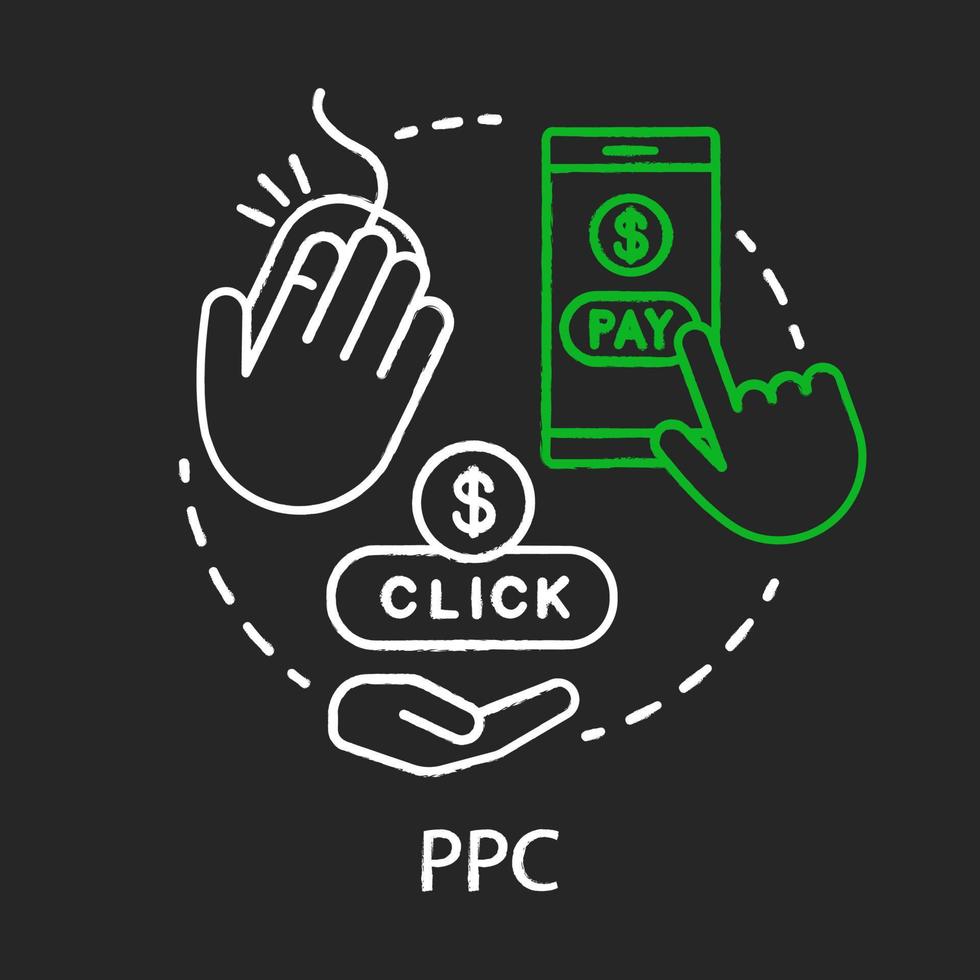 PPC chalk concept icon. Digital marketing tool idea. Pay per click. Internet advertising model. Marketing strategy. Online promotion. Vector isolated chalkboard illustration