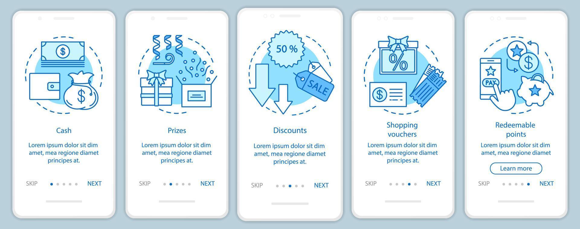 Recompensas de referencia al incorporar la pantalla de la página de la aplicación móvil con conceptos lineales. instrucciones gráficas de los pasos del tutorial. efectivo, premios, descuentos. ux, ui, plantilla de vector de interfaz gráfica de usuario con ilustraciones