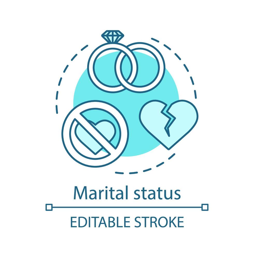 Marital status turquoise concept icon. Wedding rings, broken heart idea thin line illustration. Relationship breakup, divorced, single, married vector isolated outline drawing. Editable stroke