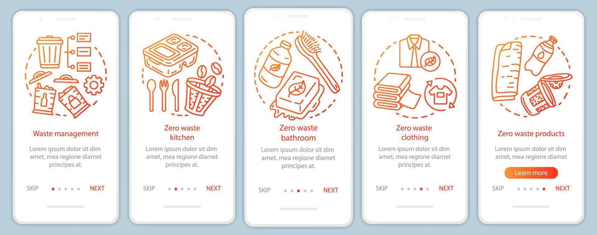 cero desperdicio estilo de vida onboarding onboarding plantilla de vector de pantalla de página de aplicación móvil. Pasos del sitio web del tutorial de gestión de residuos con ilustraciones lineales. concepto de interfaz de teléfono inteligente ux, ui, gui