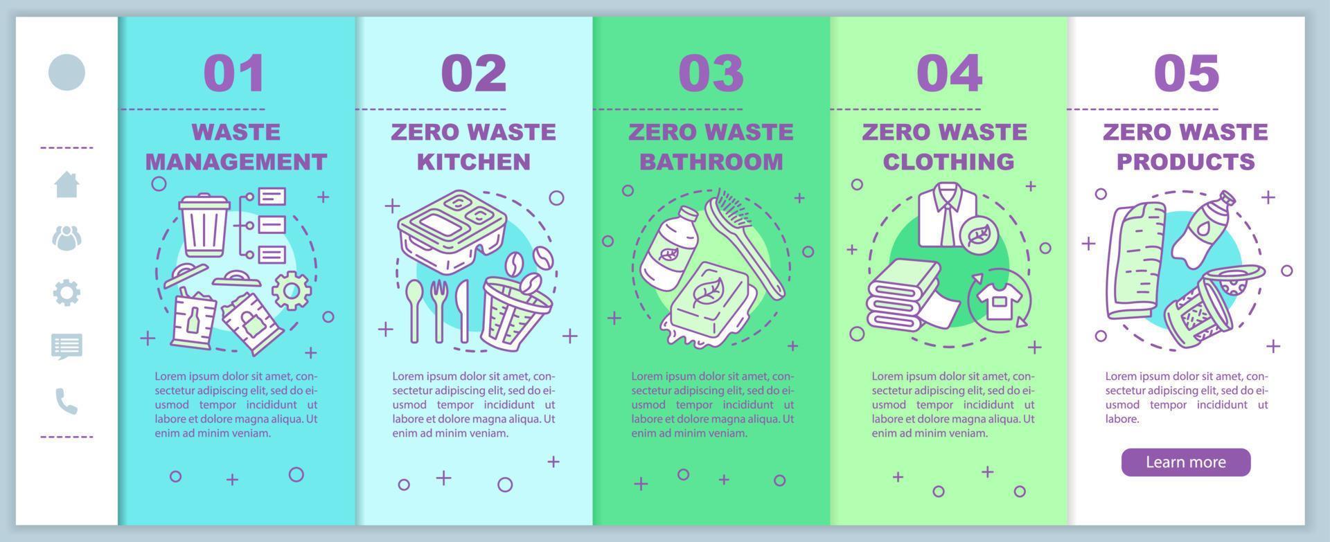 Zero waste lifestyle onboarding mobile web pages vector template. Responsive smartphone website interface idea with linear illustrations. Webpage walkthrough step screens. Color concept