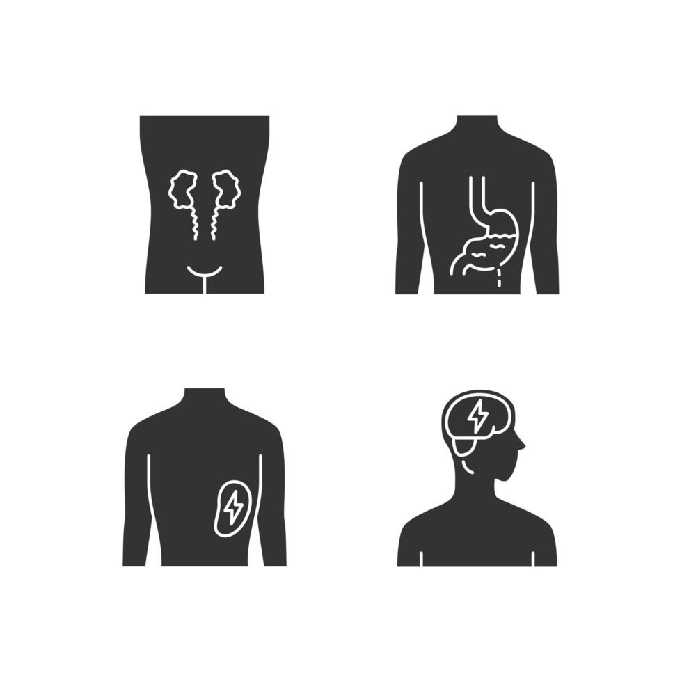 Ill human organs glyph icons set. Sore kidneys and spleen. Aching stomach. Unhealthy brain. Sick internal body parts. Silhouette symbols. Vector isolated illustration