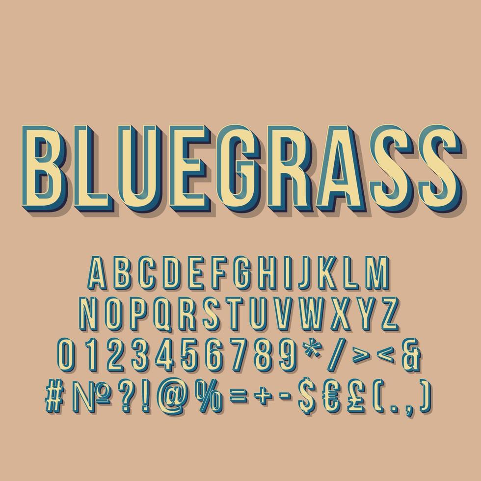 Bluegrass vintage 3d vector lettering. Retro bold font, typeface. Pop art stylized text. Old school style letters, numbers, symbols, elements pack. 90s, 80s poster, banner. Beige color background