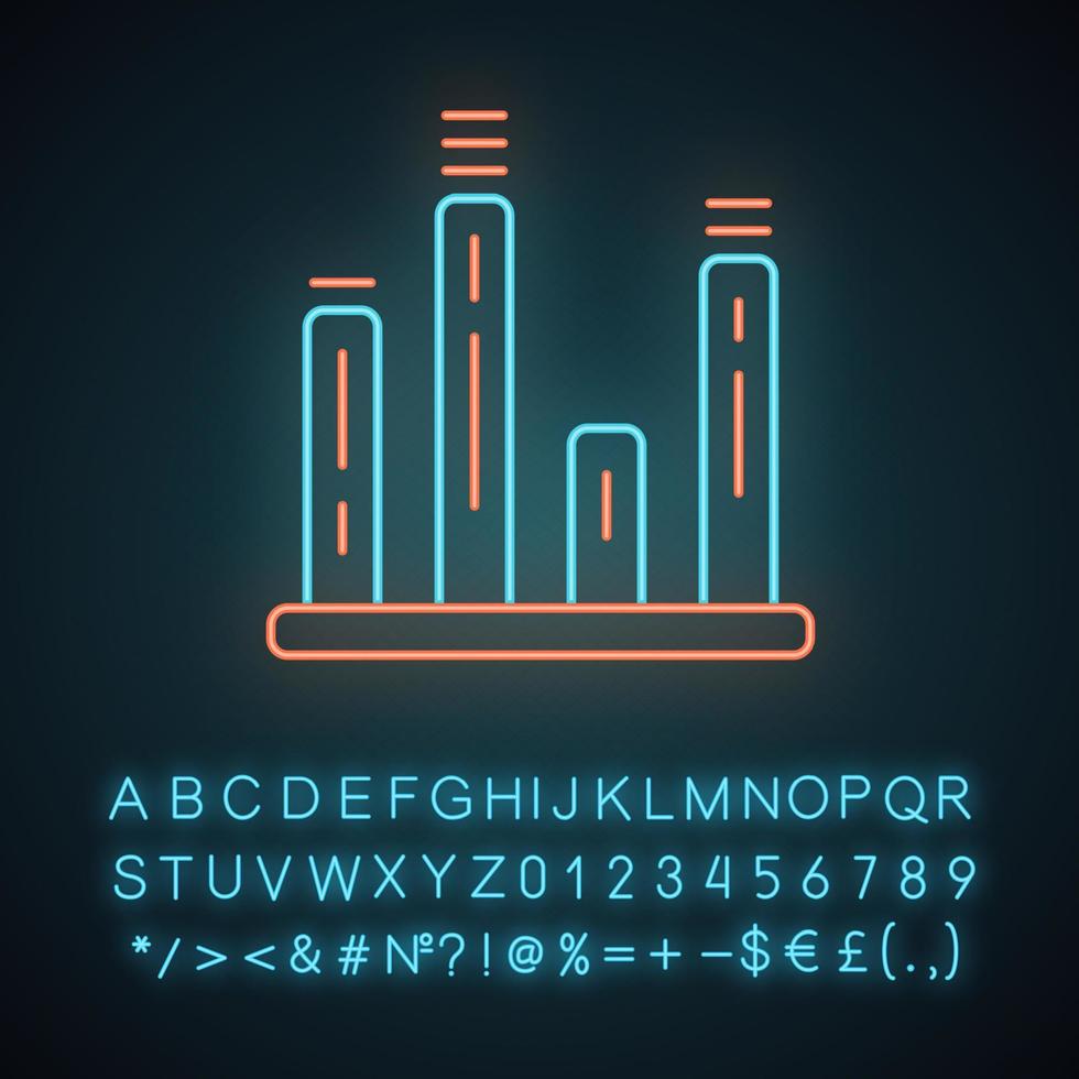 icono de luz de neón del gráfico de barras. diagrama. gráfico de líneas. visualización de datos estadísticos. representación simbólica de la información. signo brillante con alfabeto, números y símbolos. ilustración vectorial aislada vector