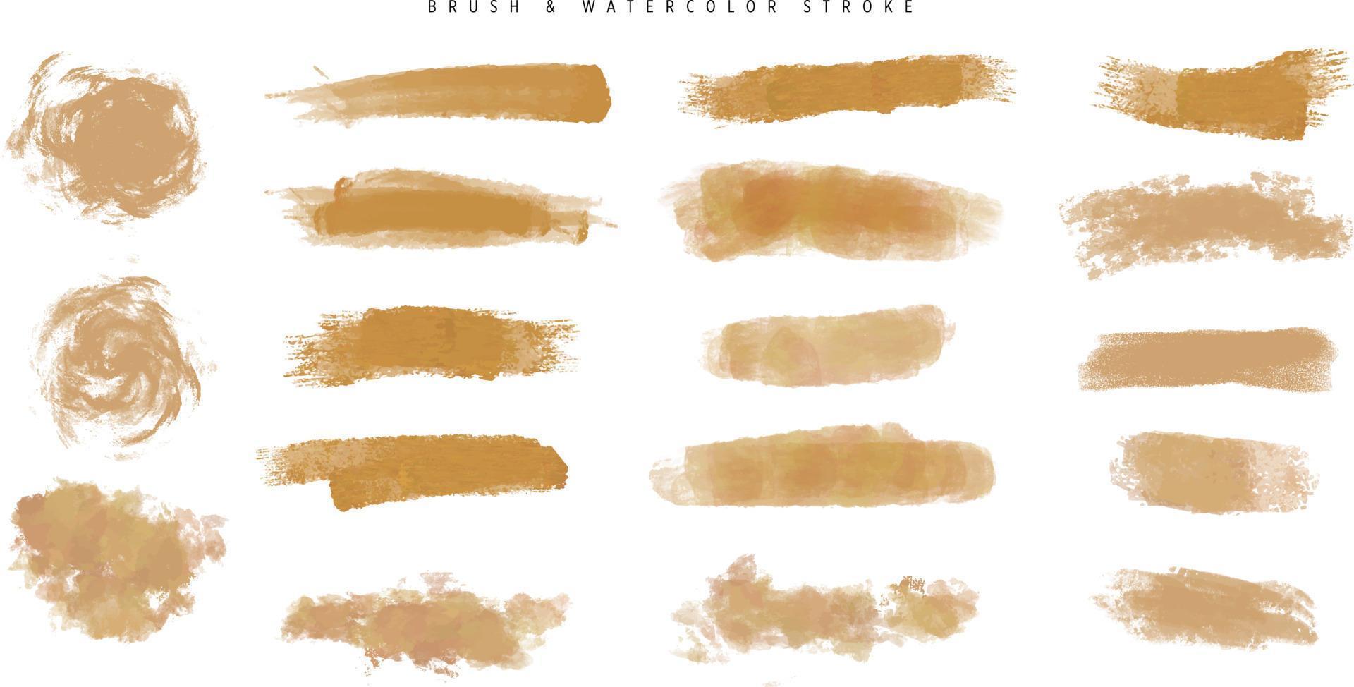 Gold brush, pen, marker, chalk set. Distressed grunge modern textured brush stroke. Golden dry brush. Trend brush stroke. Hand drawn vector. Vector illustration. Isolated on white background.