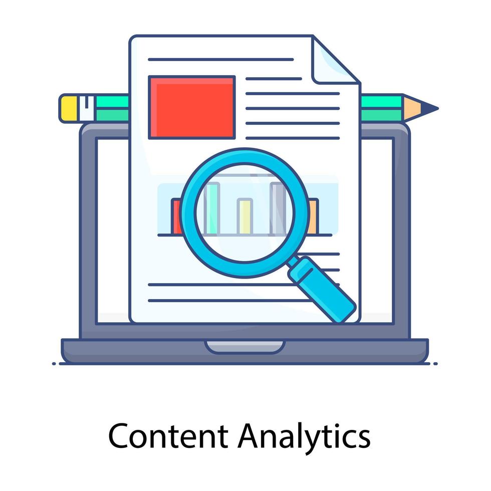 Flat outline vector of content analytics, magnifier over business data