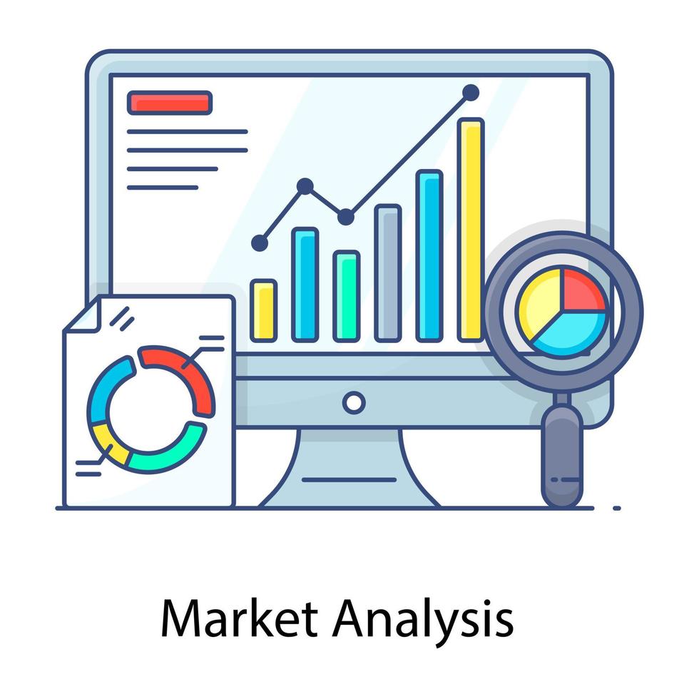 Market analysis flat outline concept icon, market assessment vector
