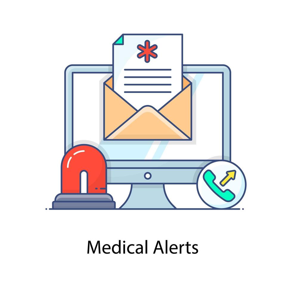 Mail envelope with medical sign inside monitor with hooter, concept of medical alerts icon vector