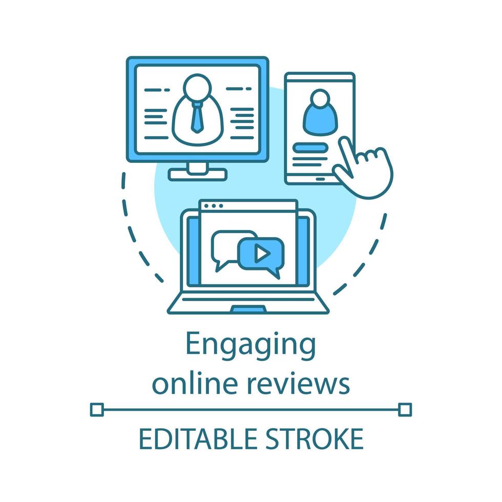 atractivo icono de concepto de reseñas en línea. ilustración de línea delgada de idea de relaciones públicas en línea. recomendación. compra en línea. revisión positiva de los clientes, retroalimentación. dibujo de contorno aislado vectorial. trazo editable vector