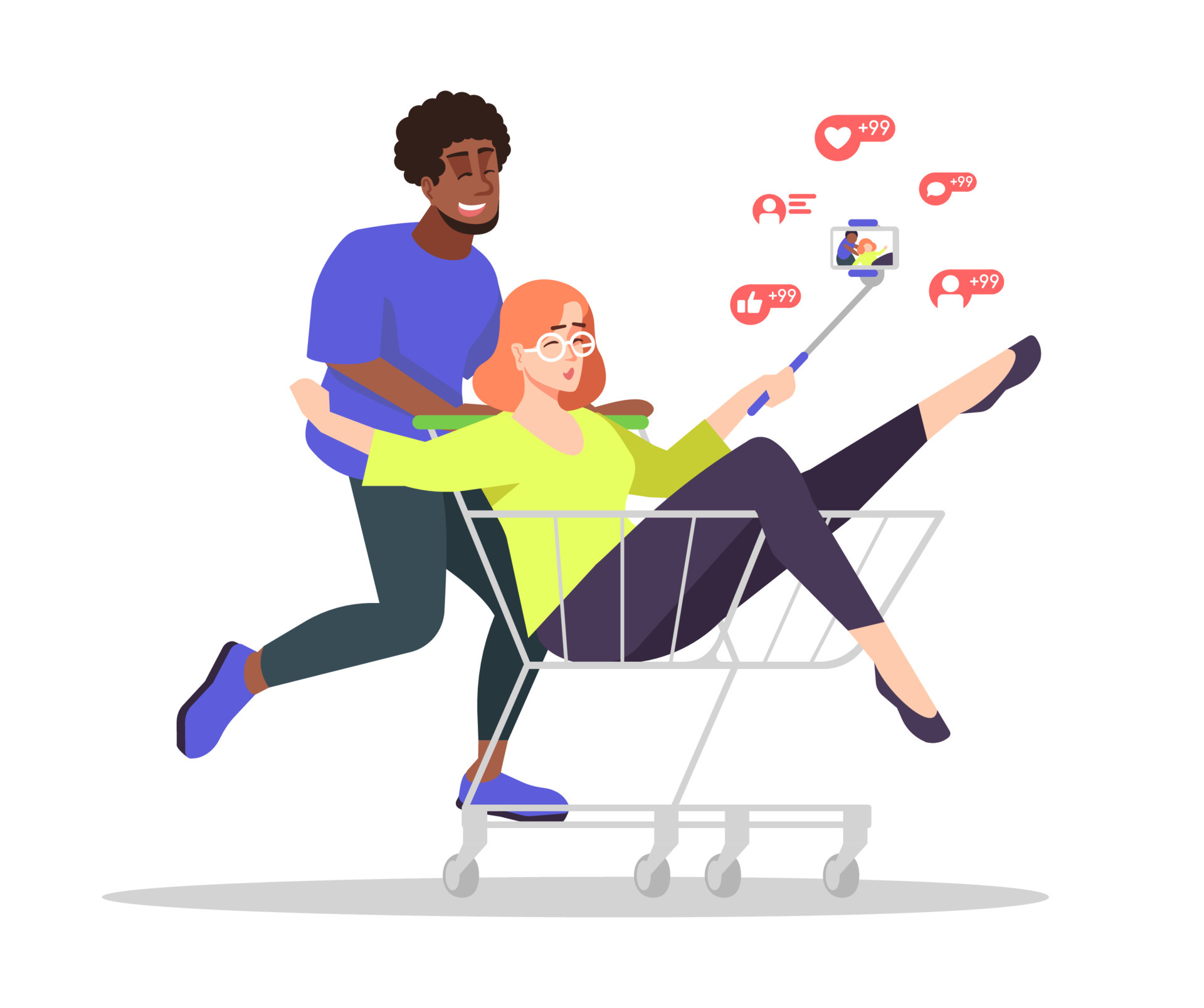 Shopping blog flat vector illustration. African american man pushing shopping cart with woman inside isolated cartoon characters