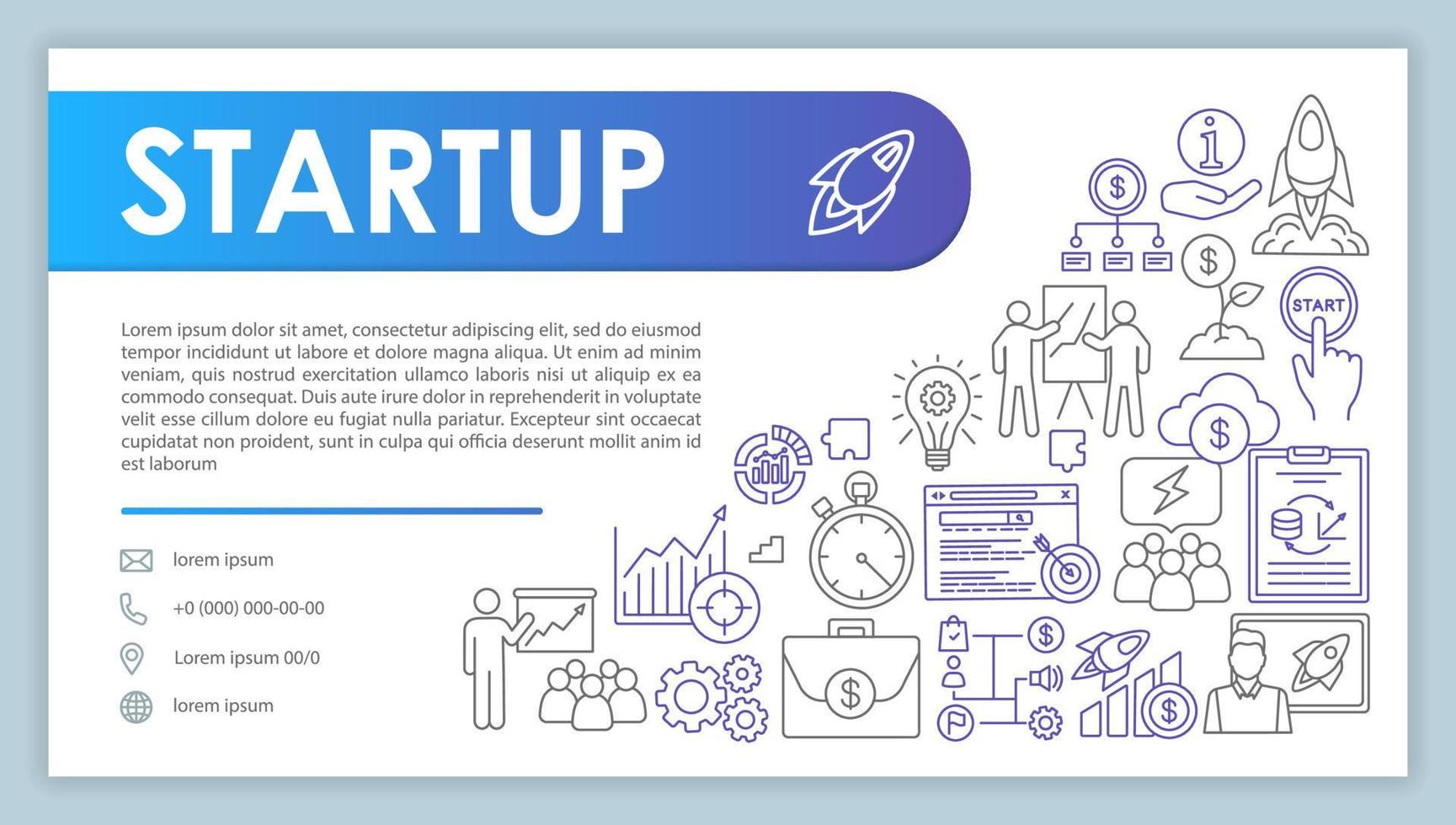Startup launch banner, business card vector template. Project management. Company contact with phone, email linear icons. Business development. Presentation, web page idea. Corporate print layout