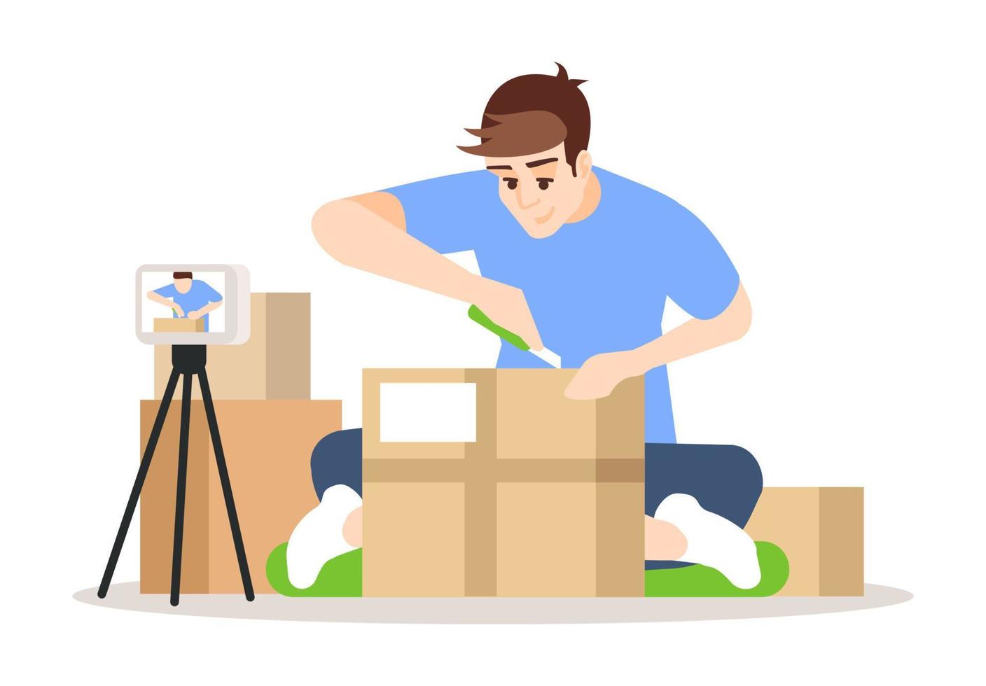 paquete en línea desembalaje ilustración vectorial plana. influencer unboxing compra personaje de dibujos animados aislado sobre fondo blanco. blogger, transmisión de vlogger. blog de compras concepto de revisión de producto de video vector