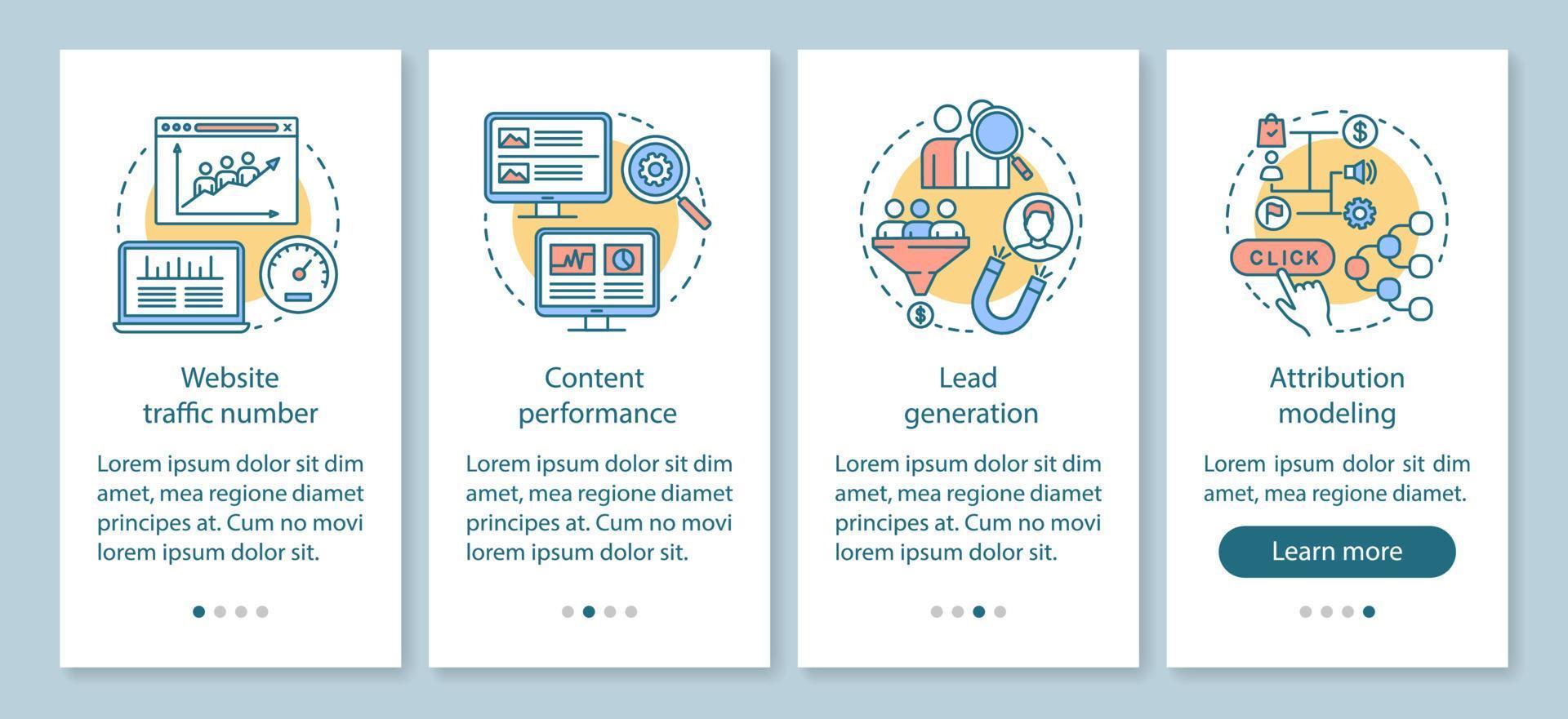 Digital marketing benefits onboarding mobile app page screen with linear concepts. Lead generation, web traffic walkthrough steps graphic instructions. UX, UI, GUI vector template with illustrations