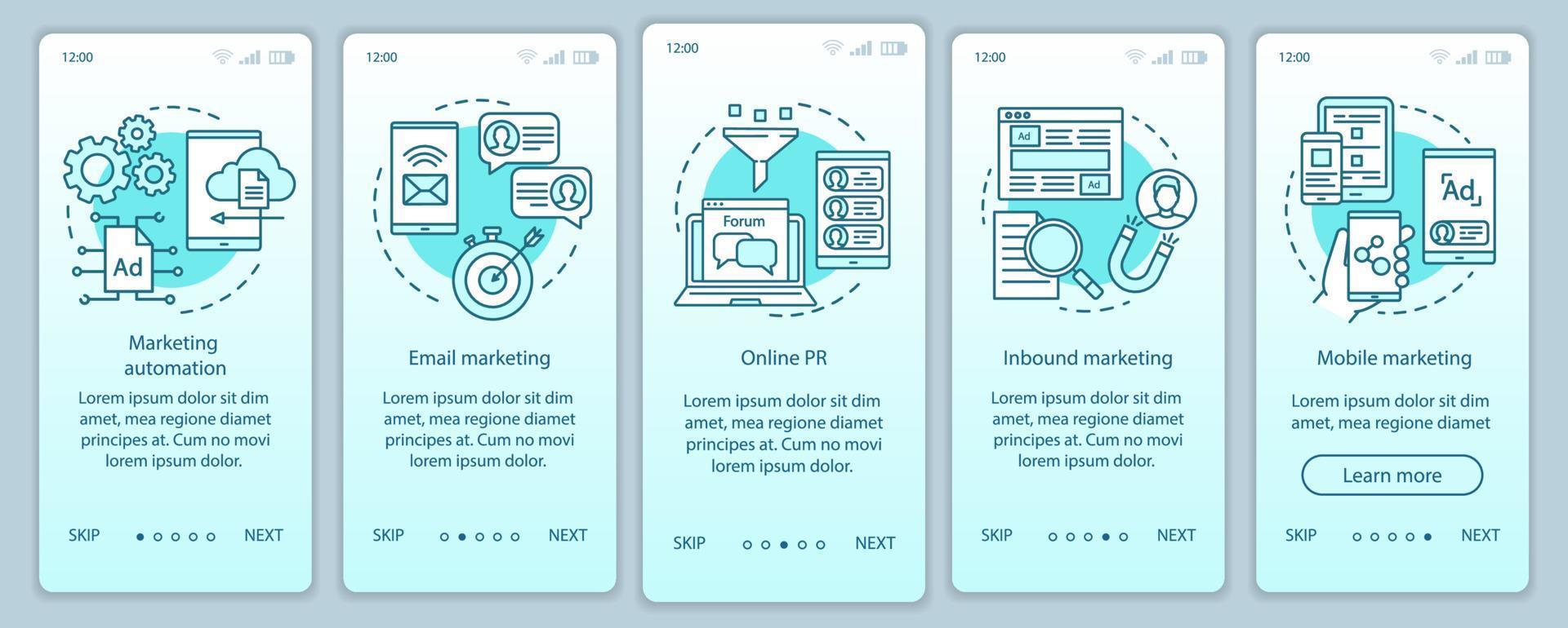 plantilla de vector de pantalla de página de aplicación móvil de incorporación de táctica de marketing digital turquesa. Pasos del sitio web del recorrido de la campaña publicitaria con ilustraciones lineales. ux, ui, concepto de interfaz de teléfono inteligente gui