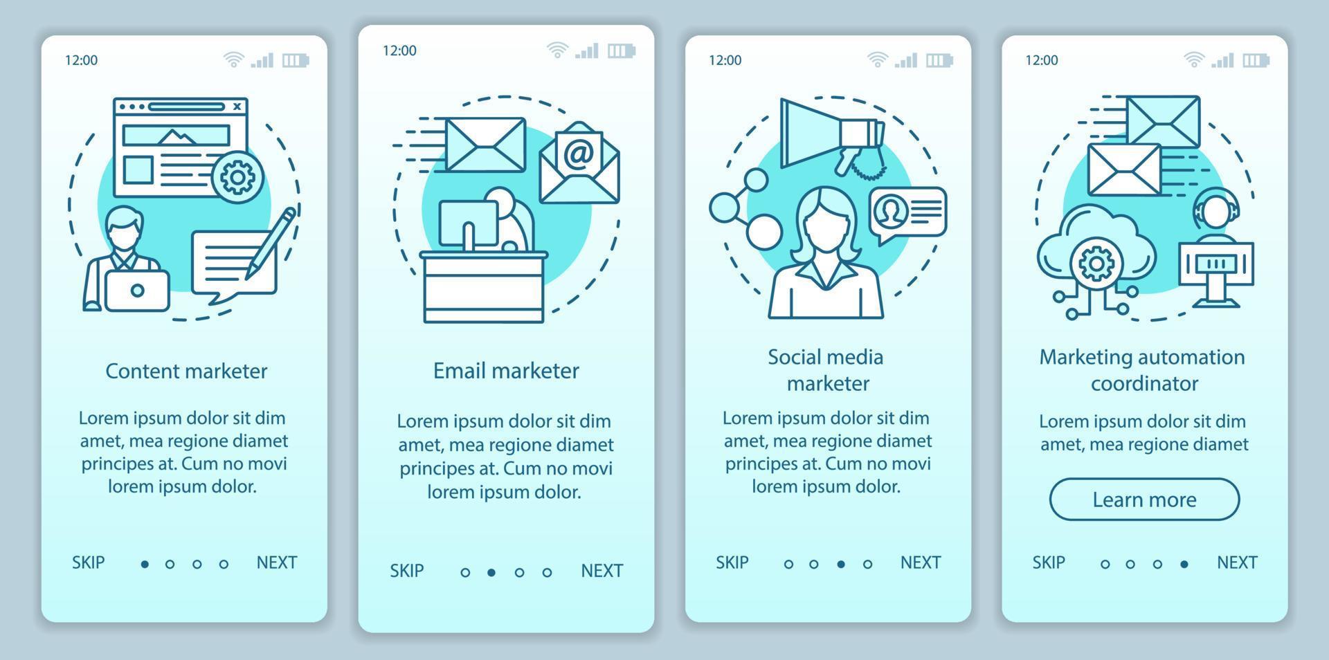 Plantilla de vector de pantalla de página de aplicación móvil de incorporación de gradiente turquesa de especialidades de marketing digital. paso a paso del sitio web con ilustraciones lineales. ux, ui, concepto de interfaz de teléfono inteligente gui