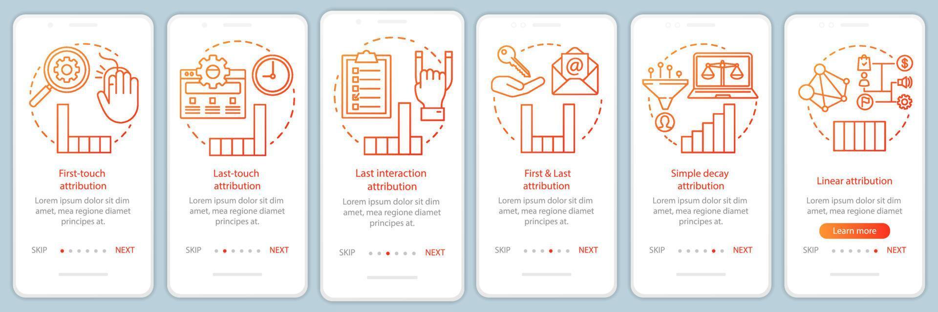 Attribution modeling types orange onboarding mobile app page screen vector template. Diagrams, charts walkthrough website steps with linear illustrations. UX, UI, GUI smartphone interface concept