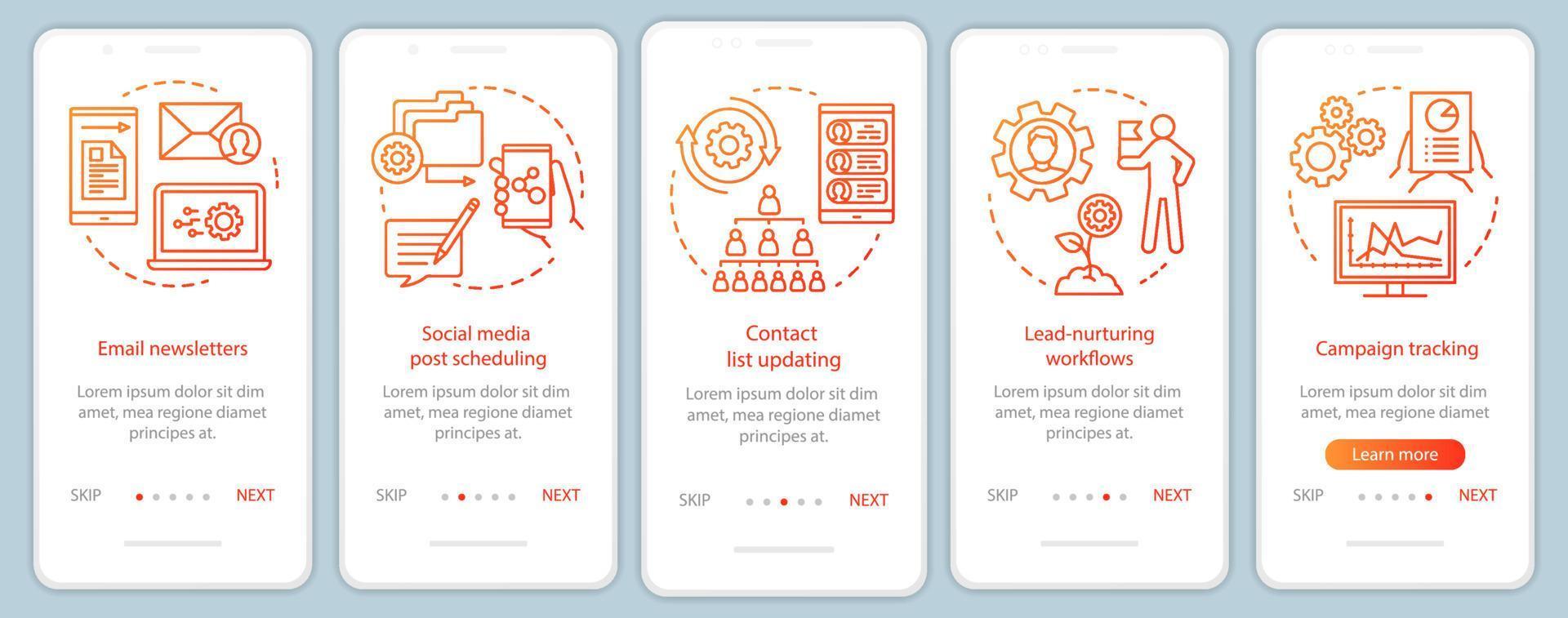 Marketing automation orange onboarding mobile app page screen vector template. Software platforms walkthrough website steps with linear illustrations. UX, UI, GUI smartphone interface concept