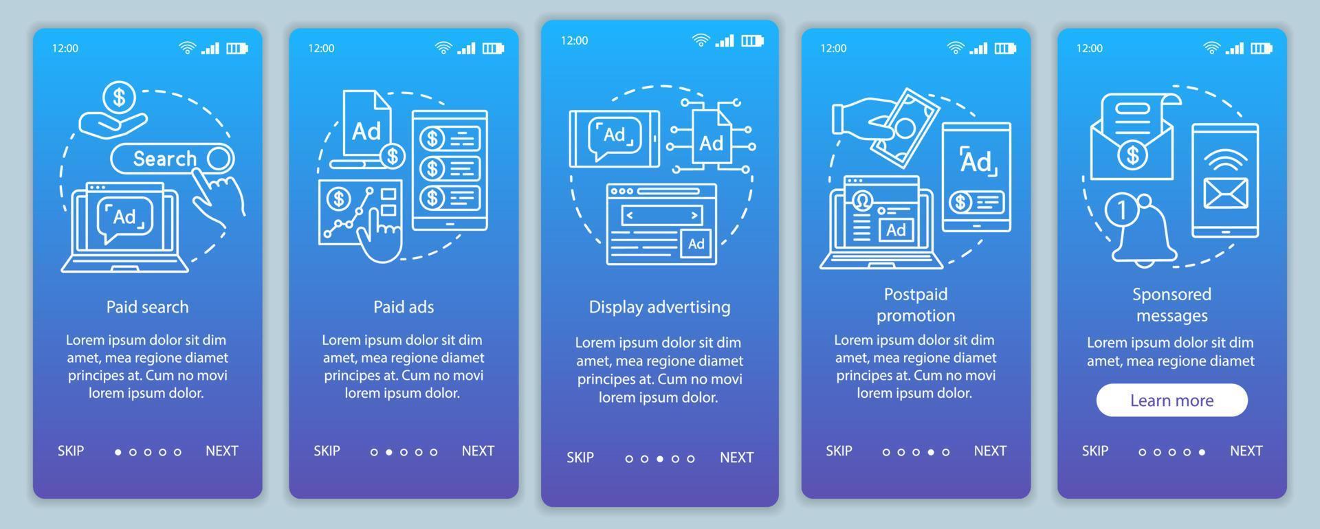 PPC channels blue gradient onboarding mobile app page screen vector template. Media marketing, ad networks walkthrough website steps with linear illustrations. UX, UI, GUI smartphone interface concept