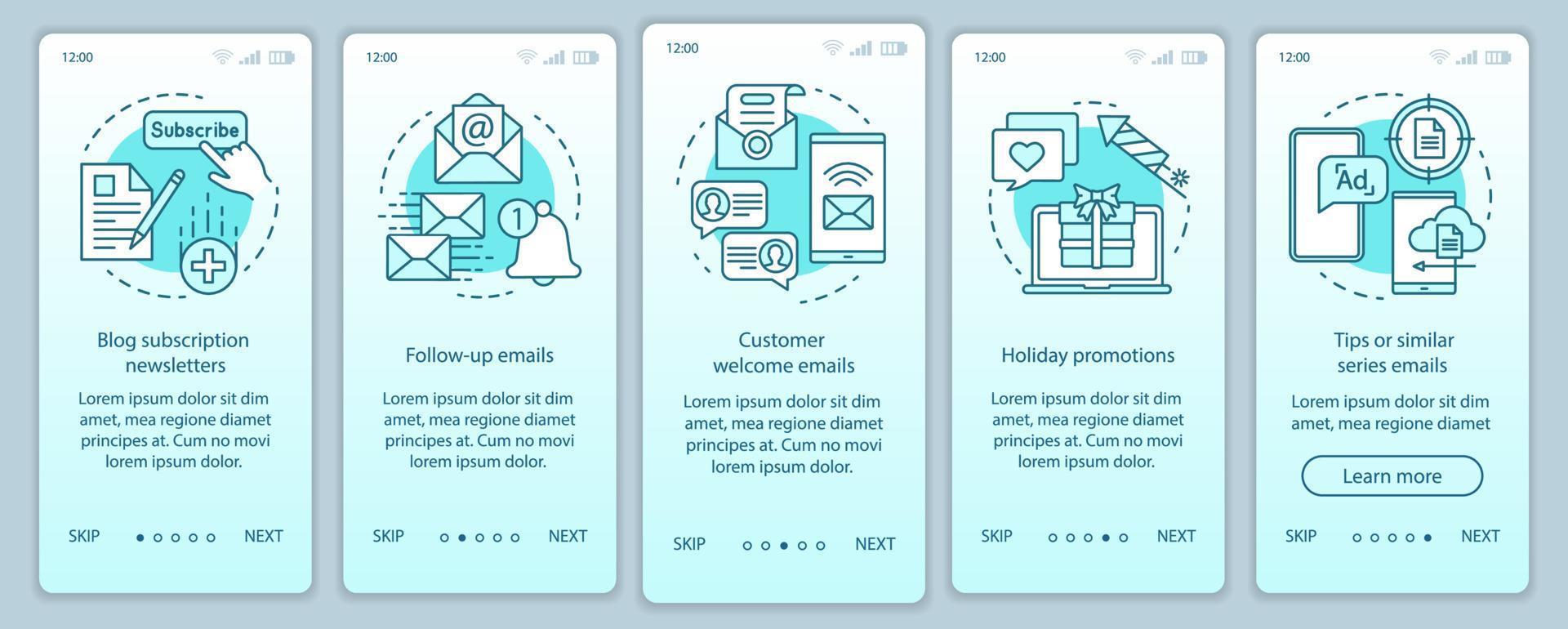 Email marketing turquoise onboarding mobile app page screen vector template. Business strategy walkthrough website steps with linear illustrations. UX, UI, GUI smartphone interface concept