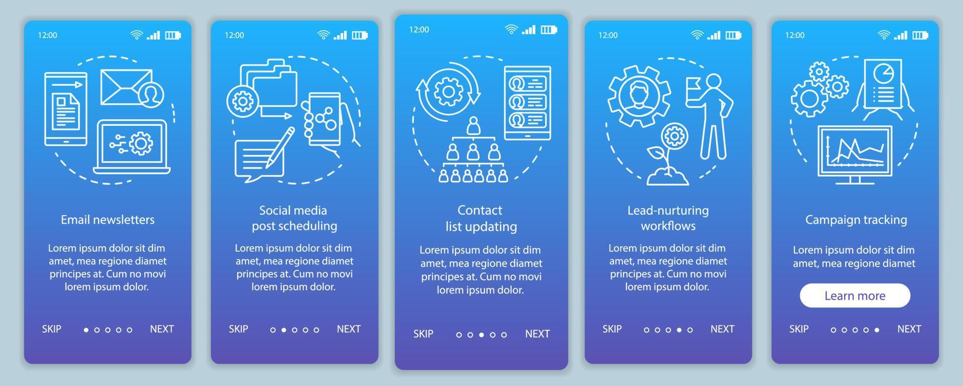 Plantilla de vector de pantalla de página de aplicación móvil de incorporación azul de automatización de marketing. plataformas de software a través de pasos del sitio web con ilustraciones lineales. concepto de interfaz de teléfono inteligente ux, ui, gui