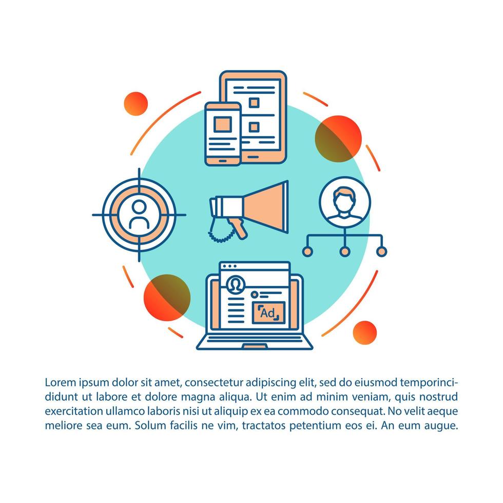 Digital marketing article page vector template. SMM, ads. Brochure, magazine, booklet design element with linear icons and text boxes. Print design. Concept illustrations with text space