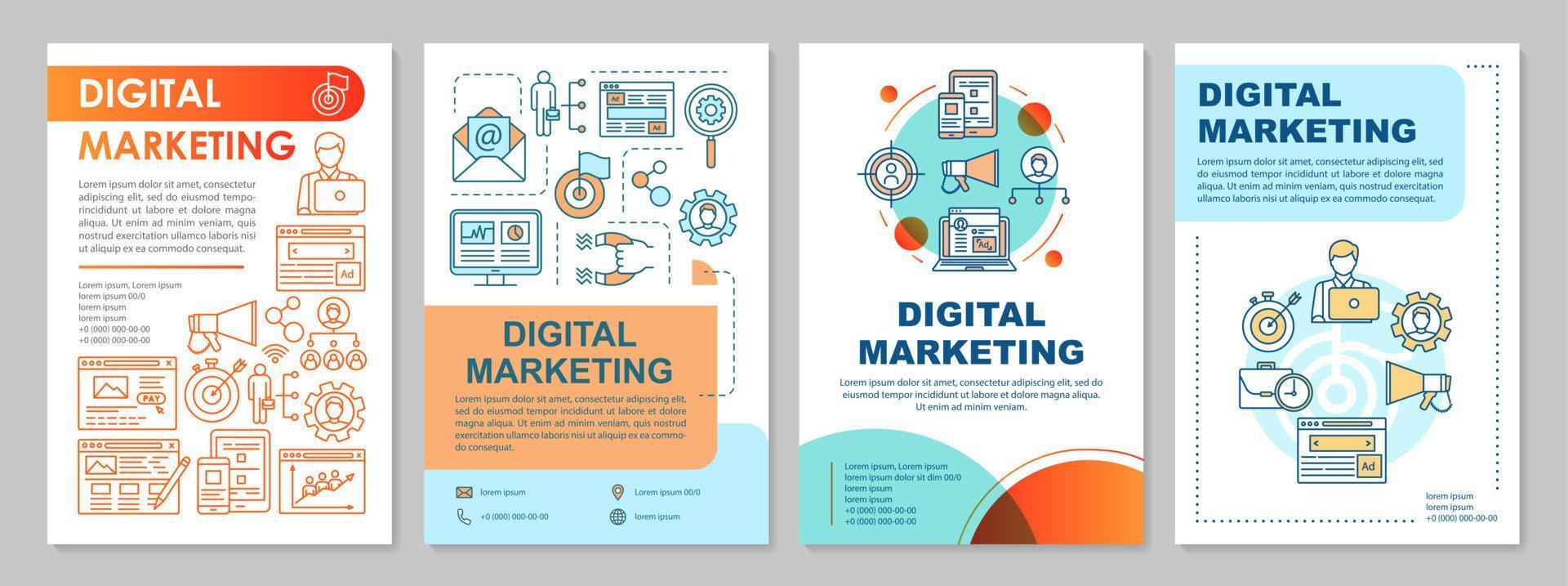 Digital marketing brochure template layout. SMM, targeting. Flyer, booklet, leaflet print design with linear illustrations. Vector page layouts for magazines, annual reports, advertising posters