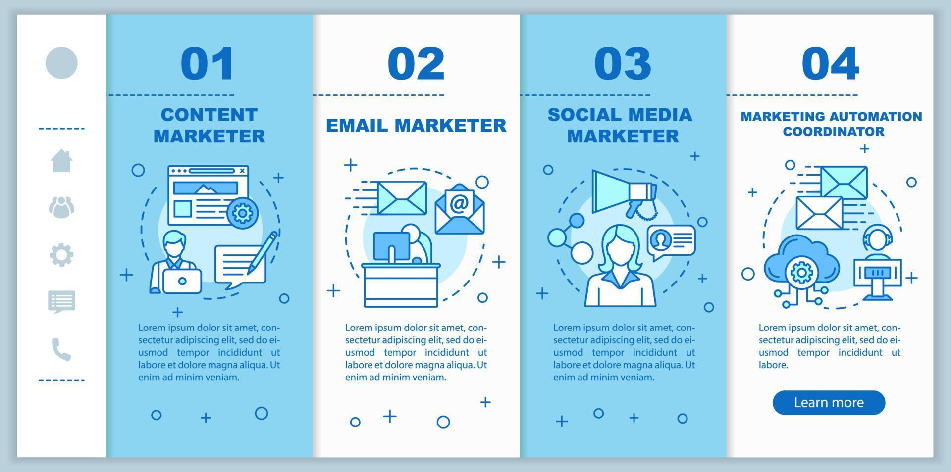 Digital marketing specialties onboarding mobile web pages vector template. Responsive smartphone website interface idea with linear illustrations. Webpage walkthrough step screens. Color concept