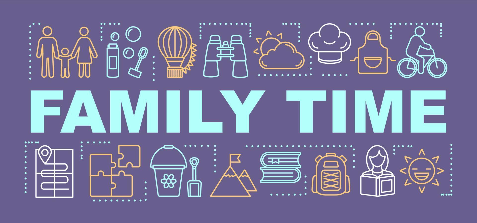 Family time word concepts banner. Activities with kids. Books reading. Presentation, website. Bike ride. Cooking. Isolated lettering typography idea, linear icons. Vector outline illustration