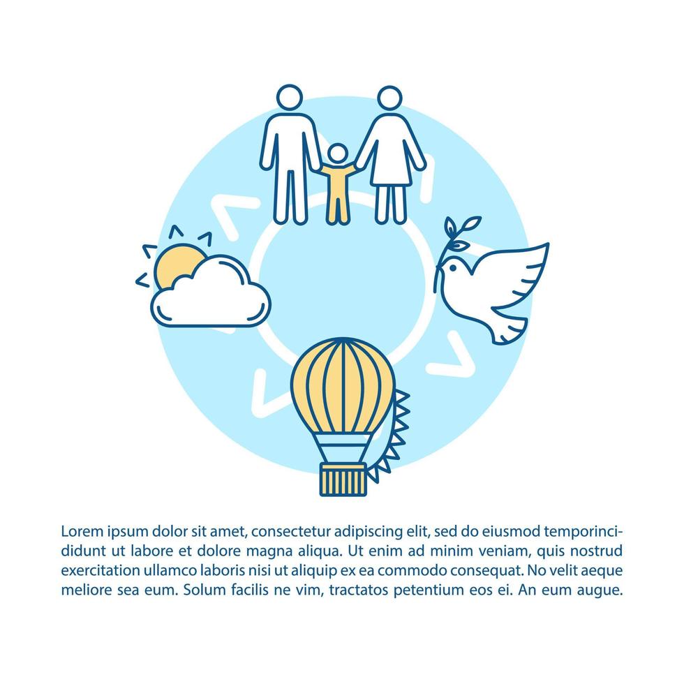Time together article page vector template. Balloon trip. Happy family. Brochure, magazine, booklet design element, linear icons and text boxes. Print design. Concept illustrations with text space