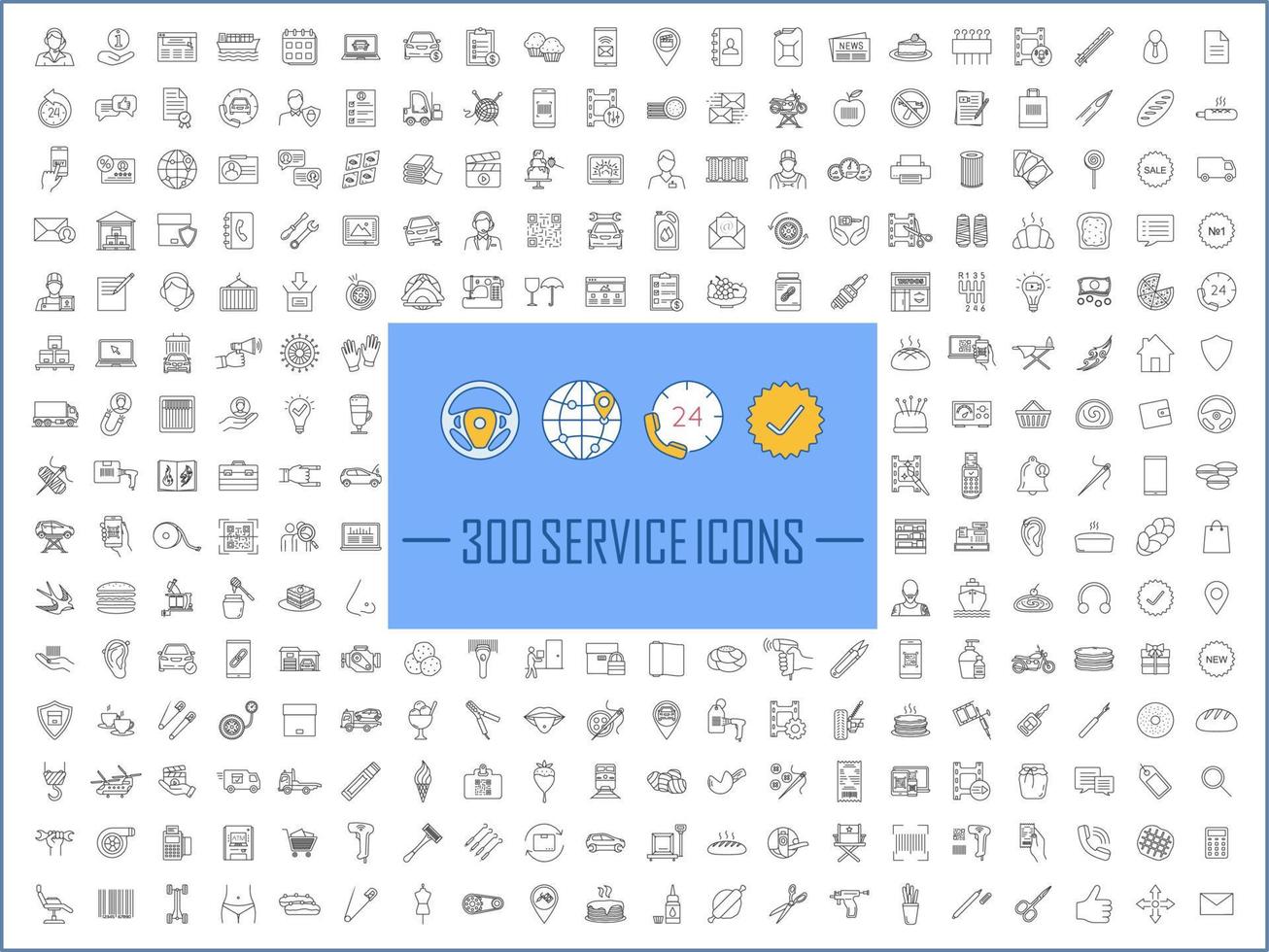 Service linear icons big set. Car service, technical assistance service, atelier. Spa and tattoo salons, barbershop.Thin line contour symbols. Isolated vector outline illustrations. Editable stroke