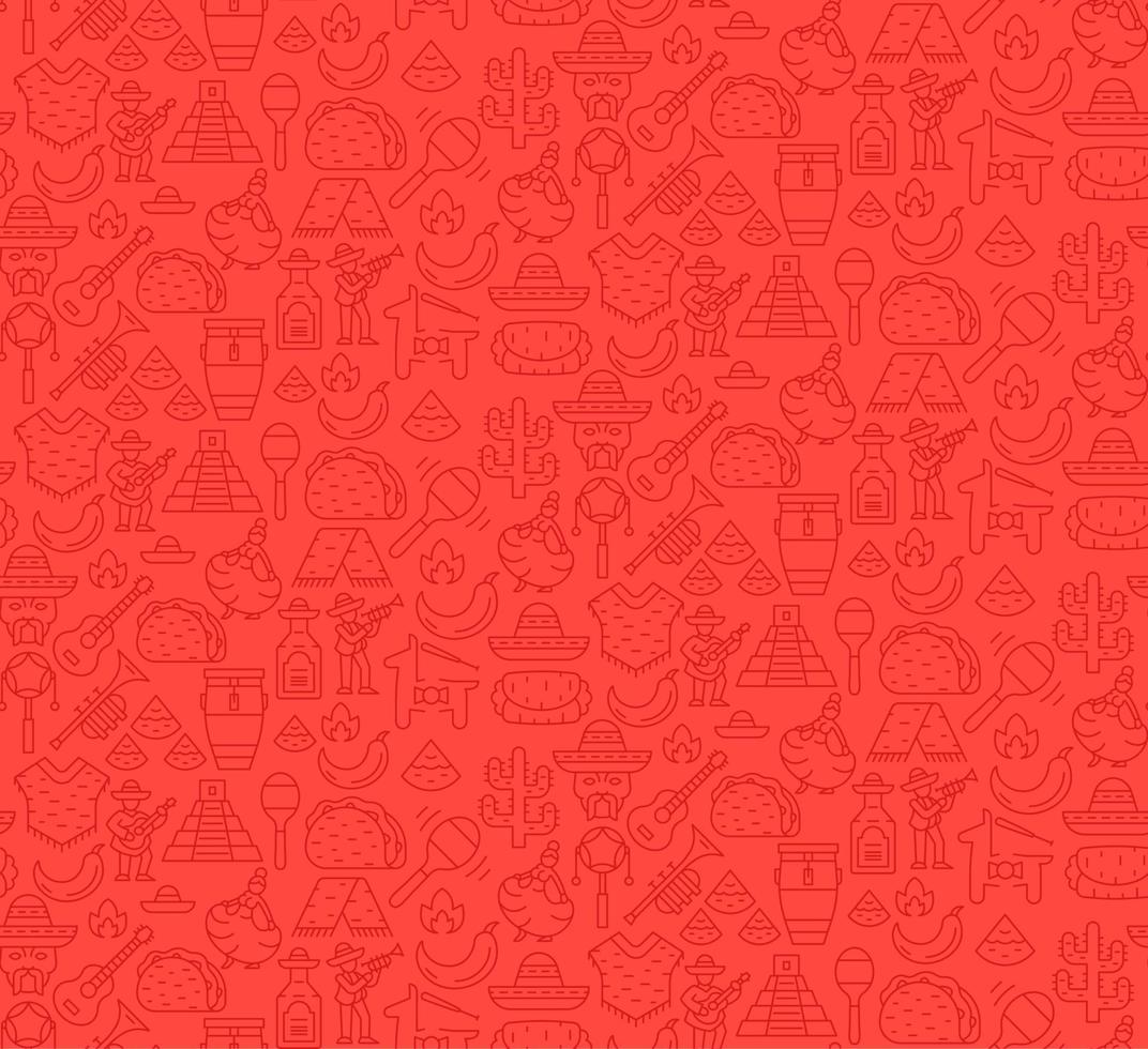 Mexican culture vector seamless pattern. Cinco de Mayo festival linear icons background. Traditional Mexican food, musical instruments, clothes red texture. Latin america wallpaper, textile design