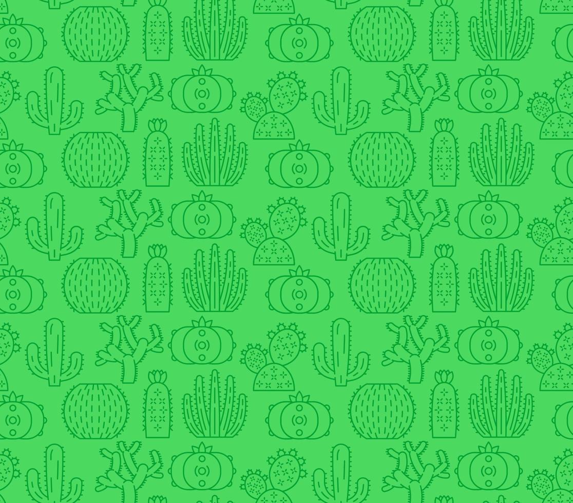 Wild cactuses vector seamless pattern. Succulent plants green background with linear icons. South, Latin America flora texture. Cacti wallpaper. Mexican textile, wrapping paper botanical design
