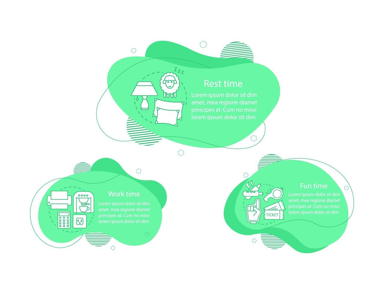 Daily routine concept illustrations. Work, fun and rest time infographic template. Fluid elements with text, linear icons. Day planning. Three wavy bubbles steps. Presentation, banner vector cliparts