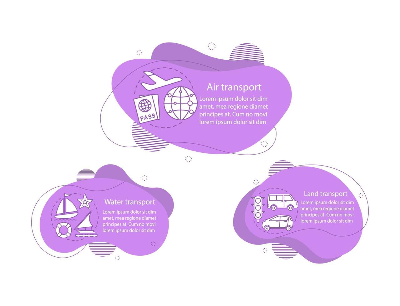 Modes of transports concept illustrations. Land, air and water transportation infographic. Fluid elements with text, linear icons. Wavy bubbles steps. Presentation, banner, report vector cliparts