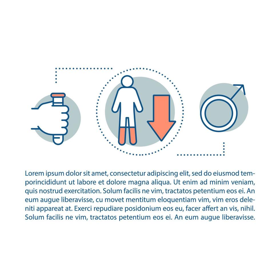 Ilustración lineal del concepto de testosterona baja. disfuncion erectil. salud de los hombres. artículo, folleto, página de revista. iconos de línea delgada con texto. diseño de impresión. dibujo de contorno aislado vectorial vector